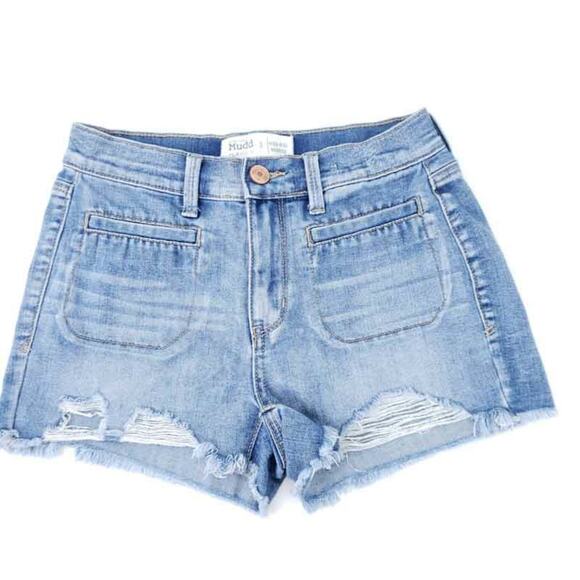 Mudd High Rise Shortie Blue Jean Shorts Distress Denim FLX Stretch SZ 3 Juniors - Picture 1 of 4